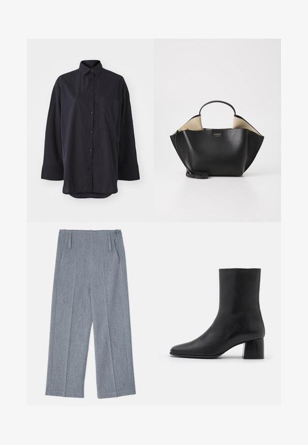 Crna košulja dugih rukava od mekog materijala, s klasičnom ovratnikom, prsnom džepom i zakrivljenim rubom.; Crna majica dugih rukava od mekog materijala, sa okruglim izrezom i ležernim krojem s bočnim prorezima na rubu za lakše kretanje.; Svijetlosive hlače širom nogavicom od teksturiranog materijala, s dva prednja nabora i dva bočna dzepa. Čist, krojeni dizajn.; Crne kožne gležnjače s šiljastim vrhom i širokim kvadratnim potpeticom. Glatka tekstura s bešavnim dizajnom i minimalističkim šavovima.; Ree Projects ANN TOTE MINI - Ručna torba - black