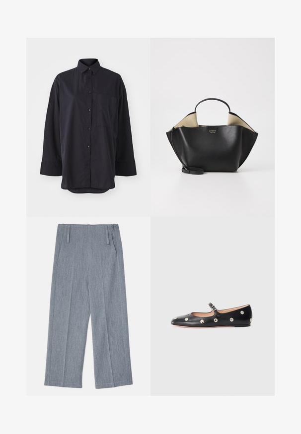 Crna košulja dugih rukava od mekog materijala, s klasičnom ovratnikom, prsnom džepom i zakrivljenim rubom.; Svijetlosive hlače širom nogavicom od teksturiranog materijala, s dva prednja nabora i dva bočna dzepa. Čist, krojeni dizajn.; Crne kožne Mary Jane balerinke s zaobljenim vrhom, koje sadrže srebrne kružne zakovice i podesivu traku s kopčom.; Ree Projects ANN TOTE MINI - Ručna torba - black
