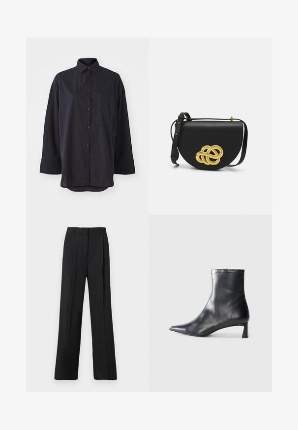 Black button-up shirt made of soft fabric, featuring a classic collar, long sleeves, a chest pocket, and a curved hem design.; Black pinstriped trousers with a relaxed fit, featuring a flat front, two side pockets, and a smooth fabric texture.; Black leather ankle boot with a pointed toe and a sleek design. Features a low heel and a zipper closure at the back. Smooth texture.; Black leather handbag with a rounded shape, featuring a large gold decorative knot on the front and an adjustable strap.