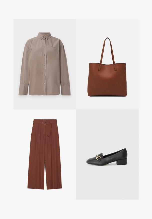 Cămașă cu nasturi din bumbac de culoare maron deschis, cu guler, mâneci lungi și închidere cu nasturi în față. Prezintă detalii cusute și un logo.; Pantaloni evazați din țesătură maro, prevăzuți cu un curea cu cataramă pătrată, design pliat și textură netedă.; Loaferi negri din piele, cu toc plat, având un detaliu decorativ din hardware auriu în față și o textură netedă.; Geantă de umăr din piele maro cu o textură netedă, design cu vârf deschis și două curele pentru umăr. Prezintă cusături minime și fără componente metalice vizibile.