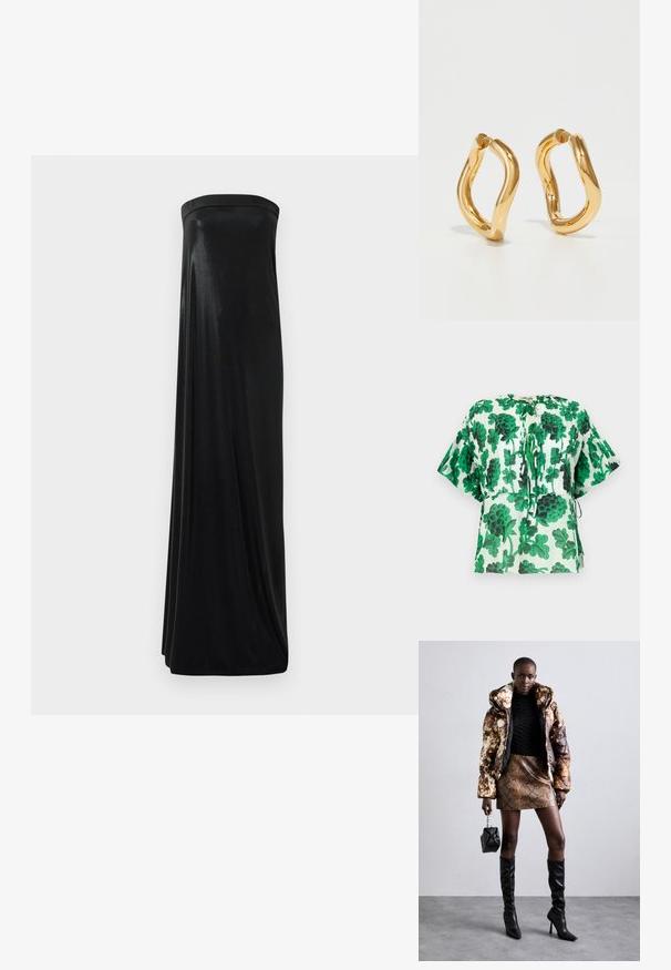 Īsām piedurkņu blūze ar zaļiem un melniem lapu rakstiem uz gaiša fona. Satur apaļu kakla izgriezumu un saites detaļas jostasvietā.; Melna strapless maxi kleita, izgatavota no gludas, spīdīgas auduma. Ar pieguļošu augšdaļu un plūstošu siluetu, kas sasniedz zemi bez rotājumiem.; Puffa jaka ar brūnu un melnu rakstu, kombinēta ar brūnu čūskas raksta mini svārkiem, melniem līdz ceļgala zābakiem un mazu melnu somiņu.; Melnas ādas rokturmais ar izliekumu, ar sudraba iedurtiem, sprādzi un divām sānu kabatām. Regulējams siksniņas garums dažādām nēsāšanas iespējām.; Zelta krāsas gredzenveida auskari ar izliekta, nepareiza formu un gludu, pulētu tekstūru. Nav redzamu detaļu vai akcentu.