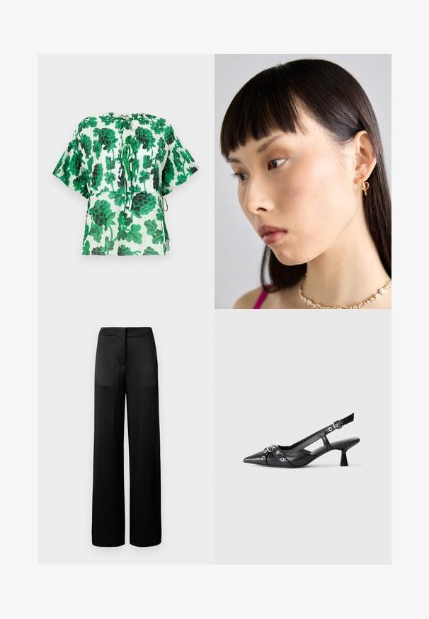 Trumpet viso rankovėmis, su žalių ir juodų lapų raštu šviesiame fone. Pasižymi apvaliu kaklu ir raištelio detalėmis liemenyje.; Plati juodų kelnių, turinčių tekstūruotą paviršių, su lygiu juosmeniu ir dviem šoninėmis kišenėmis. Audinys atrodo lengvas ir plazdantis.; Juodas odinis slingback tipo batai su smailiu priekiniu atvartu, dekoratyvinėmis sagtimis su metaliniais akyčiais ir žemu blokiniu kulnu. Saldus paviršius.; Auksinė įvorės auskaras, dėvimas dešinėje ausyje, su atviru dizainu. Modelis turi tiesius tamsius plaukus ir minimalų makiažą.