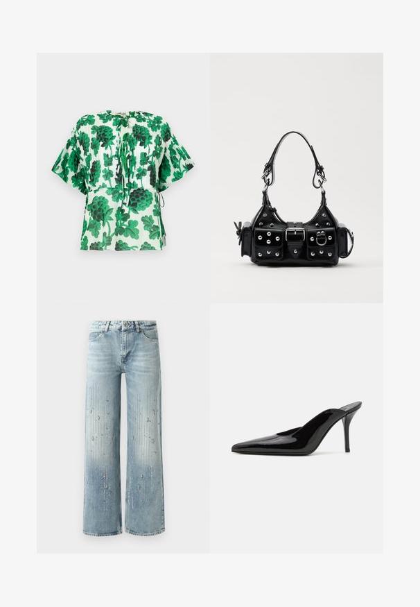 Blusa a maniche corte con un motivo a foglie verdi e nere su uno sfondo chiaro. Presenta un colletto rotondo e dettagli con cordoncino in vita.; Jeans larghi di denim di colore azzurro chiaro, con un effetto sfumato e decorazioni di strass argentati disposti in un motivo verticale.; Mule in pelle patinata nera con tacco alto, punta affilata e silhouette elegante, dotato di apertura sul dietro e tacco a stiletto sottile.; Borsa a mano in pelle nera con design curvo, caratterizzata da borchie argentate, una fibbia e due tasche laterali. Tracolla regolabile per diverse opzioni di trasporto.
