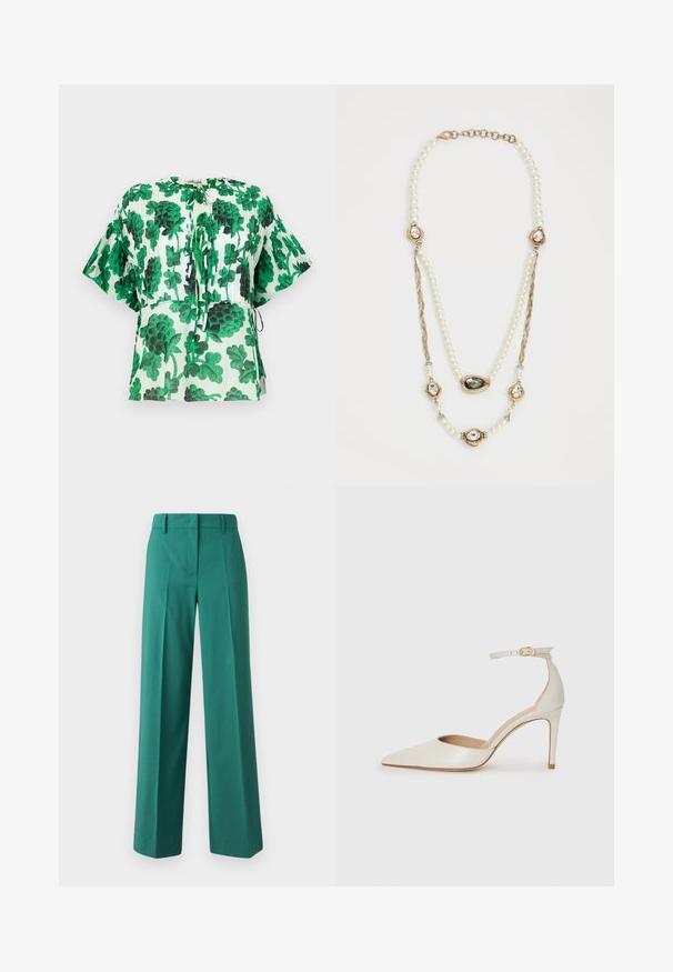 Blúzka s krátkym rukávom so zeleno-čiernym vzorom listov na svetlom pozadí. Má okrúhly výstrih a detaily so sťahovacou šnúrkou v páse.; Zelené široké nohavice z hladkej látky s prispôsobeným strihom, s prednými záševkami a dizajnom s dvoma vreckami.; Biele kožené topánky na vysokom podpätku s špicatou špičkou, remienkom okolo členka a štíhlym stiletto podpätkom. Hladký povrch s jemným lesklým povrchom.; Perlový náhrdelník s zlatými akcentmi, ktorý má tri osadenia posiate drahokamami a vrkočovú časť reťaze. Farebná paleta obsahuje bielu a zlatú.