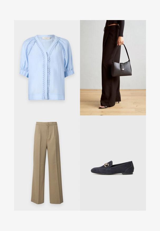 Svetlomodrá blúzka s krátkymi rukávmi a výstrihom do V, s dekoračnou slučkovou ozdobou pozdĺž predného otvoru a nariasenými manžetami rukávov.; Béžové široké nohavice vyrobené z texturovanej tkaniny. Majú predné záhyby a plochý pás. Bez viditeľných zapínaní alebo vreciek.; Navy modré semišové mokasíny s oblým špičkou, zdobené dekoratívnym kovovým reťazcom a s nízkym podpätkom s kontrastným prešitím.; Čierna kabelka so štruktúrovaným tvarom, hladkou textúrou a kovovou sponou. V kombinácii so širokými čiernymi nohavicami a sandálmi s otvorenou špičkou na drevenej podlahe.