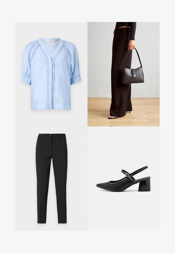 Light blue, short-sleeve blouse with a V-neck, featuring decorative loop trim along the front opening and gathered sleeve cuffs.; Black fitted trousers in smooth fabric, featuring a classic waistband, front zipper, and side pockets with a sleek, tailored design.; Black patent leather slingback heels with a pointed toe, a rounded cutout design, and a block heel. Features a gold-tone buckle accent.; Black handbag with structured shape, smooth texture, and a metallic clasp. Paired with wide black pants and open-toe sandals on wooden floor.