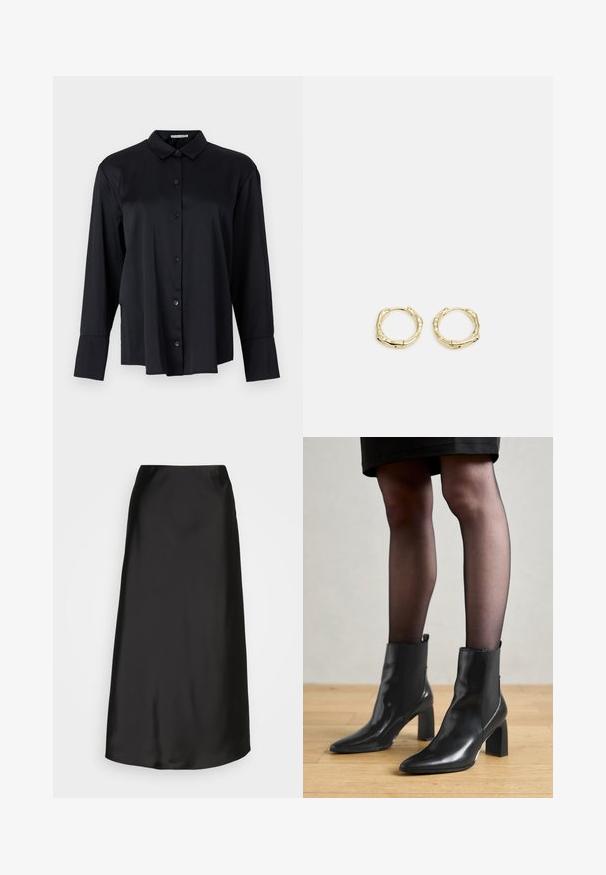 Czarna koszula zapinana na guziki, wykonana z gładkiego materiału, z kołnierzykiem, długimi rękawami i luźnym krojem z sześcioma guzikami z przodu.; Czarna satynowa spódnica midi o gładkiej fakturze, w kształcie litery A i subtelnym połysku. Posiada elegancki, prosty fason bez zdobień.; Czarne skórzane botki za kostkę z ostro zakończonym noskiem, masywnym kwadratowym obcasem i eleganckim designem. Posiadają elastyczne boczne panele dla łatwego zakładania.; Złote kolczyki w kształcie obręczy o teksturowanej, nieregularnej formie. Posiadają bezszwowe zapięcie oraz polerowane wykończenie, podkreślające nowoczesny design.