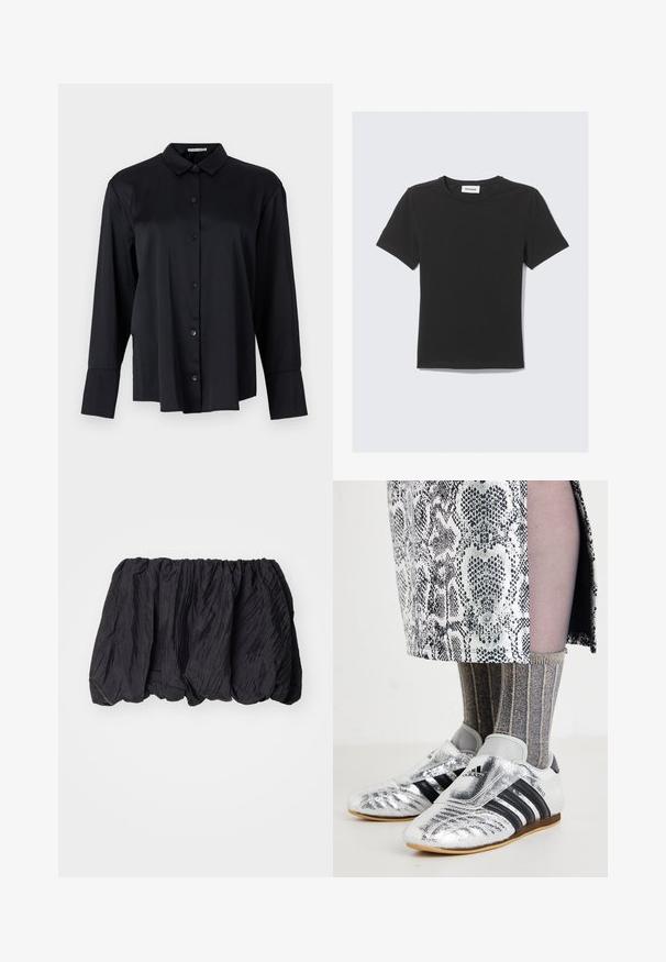 Black button-up shirt made of smooth fabric, featuring a collar, long sleeves, and a relaxed fit with six front buttons.; Black short-sleeve t-shirt made of soft cotton fabric with a round neck and a relaxed fit, featuring a clean design and no visible patterns.; Black crinkled fabric top with an elasticated waistband, featuring a textured surface and gathered design for a voluminous shape.; Silver soccer shoes with black stripes and a sleek design, paired with textured gray and gold ribbed socks and a patterned skirt.