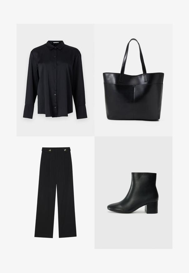 Must tumes hõbedast kangast, millel on krae, pikad varrukad ja lahtine lõige kuue esiknöpiga.; Mustad laiad püksid kõrge vöökoha ja nööpdetailidega vööandil, esikortsudega.; Mustad nahast pahkluu saapad terava varbaga ja jämeda kandaga. Sile tekstuur minimaalse aktsentidega ja stiilne, lihvitud disain.; Must mustaga musta nahast, millel on kaks pikka kanda, sile tekstuur ja struktureeritud kuju. Esipoolsel on lisakoti jaoks tasku.