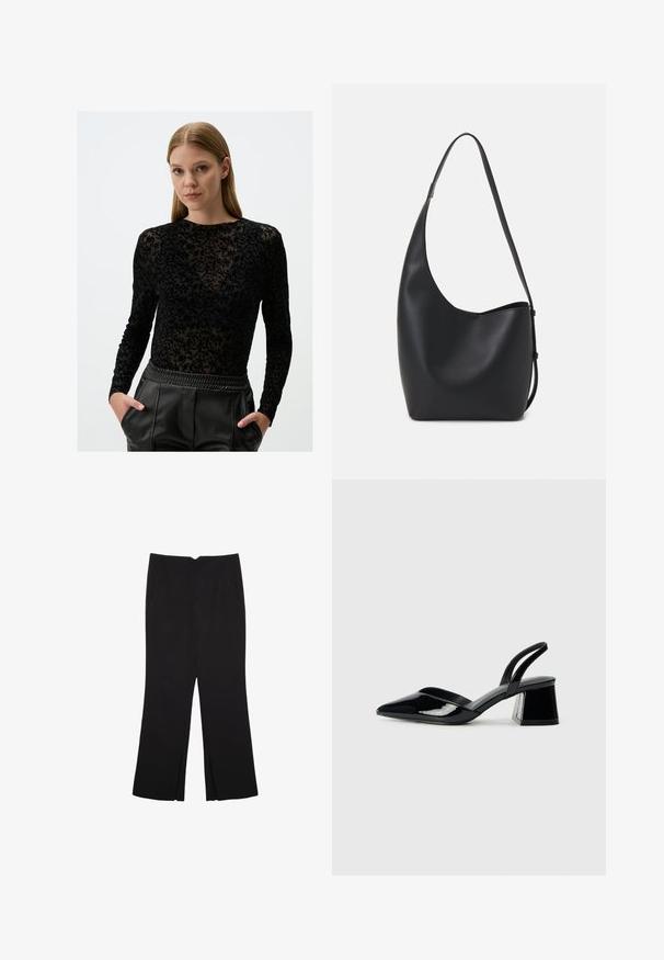 Jimmy Key Blouse - black; Zwarte broek met een rechte pasvorm, voorzien van zijzakken en plooien aan de onderzijde. Gemaakt van zachte, gladde stof. Geschikt voor verschillende gelegenheden.; Zwarte gepatineerde leren slingback hakken met een spitse neus en een geometrische blokhak. Kenmerkt zich door een slank, minimalistisch ontwerp en een gladde textuur.; Zwarte leren hobo tas met een gladde textuur, kromme vorm en een enkele verstelbare schouderband; heeft een brede opening aan de bovenkant.