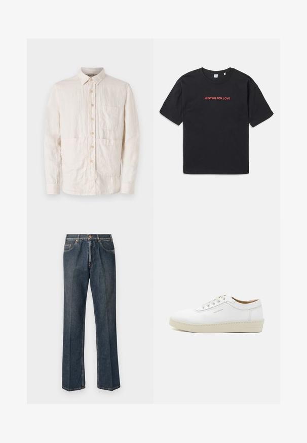 Camicia button-up di un beige chiaro realizzata in tessuto testurizzato. Presenta un colletto, sette bottoni frontali e due tasche a toppa frontali.; T-shirt in cotone nero con maniche corte, decorato con il testo rosso "HUNTING FOR LOVE" ricamato sul petto. Vestibilità semplice e rilassata.; Jeans in denim blu scuro a gamba dritta con bottone frontale, zip, doppie tasche anteriori e pieghe verticali visibili lungo le gambe.; Sneaker bianca in pelle con finitura testurizzata, punta rotonda, suola in gomma beige e sei occhielli per lacci grigi, con un branding discreto sul lato.
