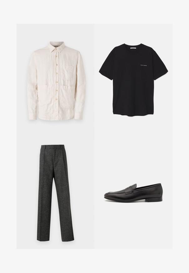 Vaaleanbeige nappikauluspaita, joka on valmistettu teksturoidusta kankaasta. Siinä on kaulus, seitsemän etunappia ja kaksi etupatch-taskua.; Musta puuvillapaita, jossa on pyöreä kaula-aukko, lyhyet hihat ja valkoinen logopainatus vasemmassa rinnassa. Yksinkertainen, tasavärinen design.; Harmaat räätälöidyt housut, jotka on valmistettu teksturoidusta kankaasta, ja niissä on kaksi etutaskua ja suora lahjemuoto. Ei näkyviä taskuja tai koristeluja.; Musta nahkakengät, joissa on tyylikäs muotoilu, pyöreä nenä ja matala pino korko. Ylhäällä koristeellinen ompelutaito.