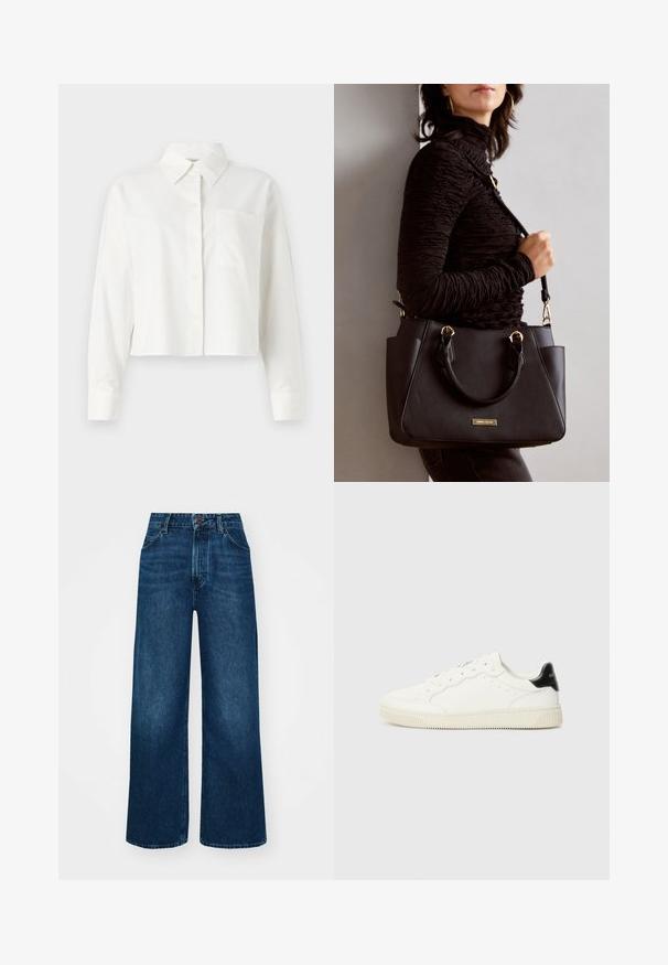 Gekürzte weiße Baumwollbluse. Verfügt über lange Ärmel, einen spitzen Kragen und eine einzelne Brusttasche.; Hochtaillierte, weit geschnittene Jeans in dunkelblauem Denim mit glatter Textur, Kontrastnähten und einem Fünf-Taschen-Design. Verschluss mit einem Frontknopf.; Weiße Ledersneaker mit runden Zehen, Schnürung, durchbrochenen Details und einem schwarzen Fersenakzent. Strukturiertes Gummisohle.; Schwarze Handtasche mit strukturierten Oberflächen, doppelten Obergriffen und verstellbarem Schultergurt. Mit goldfarbener Hardware und Seitentaschen.