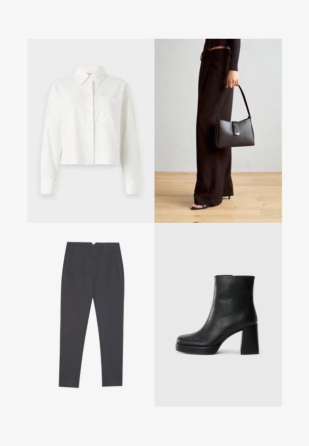 Cămașă albă din bumbac, tăiată. Are mâneci lungi, guler ascuțit și un singur buzunar pe piept.; Pantaloni tapered gri închis, cu buzunare laterale și plisuri frontale, concepuți pentru o potrivire ajustată.; Botină din piele neagră, cu toc pătrat și talpă platformă, văzută din lateral pe un fundal alb simplu.; Genți negre cu o formă structurată, textură netedă și un închizător metalic. Asortată cu pantaloni negri largi și sandale cu vârf deschis pe un podea din lemn.