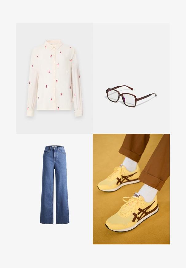 Cămașă lungă cu mânecă, de culoare bej deschis, cu guler tip button-down, decorată cu broderie roșie în formă de păsări pe întreaga suprafață și închideri cu nasturi pe față și pe manșete.; Jeans din denim de culoare albastră deschisă, cu croială largă și talie înaltă, prevăzuți cu două buzunare frontale și cusături vizibile. Au închidere cu nasture și fermoar.; Pantofi sport galbeni cu accente maro, realizati din materiale din plasa si tesatura, avand un sistem de prindere cu sireturi si o talpa din cauciuc, purtati cu sosete albe.; Ochelari de vedere dreptunghiulari, maro, cu lentile transparente și nuanțe de violet. Cadru din plastic neted cu brațe drepte și accente subtile.