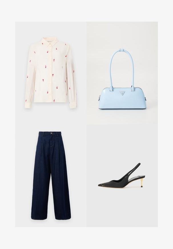 Világos bézs, hosszú ujjas ing, gombos gallérral, piros madárhímzéssel az egész ingben, elöl gombokkal és az ujjak végén is gombokkal.; Sötétkék farmer széles lábszárú nadrág magas derékkal, pliszírozott elejével és klasszikus gombos záródással, oldalsó zsebekkel és kontrasztos varrással.; Fekete selyem slingback cipő, hegyes orral, arany díszítéssel az orránál és arany fém sarokkal. Sima felület, minimalista design.; Világoskék kézitáska, amelynek strukturált formája van, sima bőrből készült, két füllel rendelkezik, és az elején egy háromszögletű márkatrófea található. Cipzáras záródás.