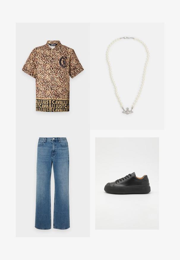 Camisa de manga corta con un patrón de estampado de leopardo, logo negro en el pecho y una cinturilla contrastante con texto repetido en dorado.; Pantalones vaqueros de pierna ancha en denim con un acabado desgastado. Presenta cinco bolsillos, un cierre de botón en la parte delantera y un corte recto.; Zapatilla de cuero negra con puntera redonda, cordones en la parte frontal, textura suave, suela de goma gruesa y un interior marrón claro que contrasta.; Collar de perlas con un cierre en tono plata. Presenta perlas blancas redondas y un centro decorativo adornado con rhinestones.