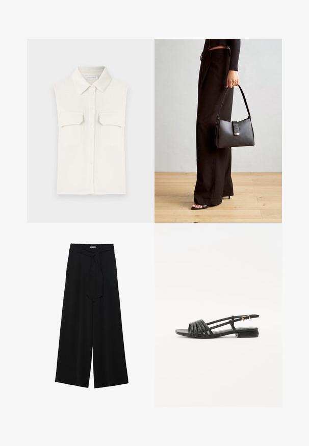 Witte, mouwloze shirt van een textuurstof, met een knoopsluiting aan de voorkant, kraag en twee borstzakken.; Zwarte wijde broek van textuurstof, met een elastische tailleband en een afneembare sjaalstrik in de taille voor een verstelbare pasvorm.; Zwarte platte sandalen met een bandjesontwerp, voorzien van meerdere leren straps en een smalle enkelgesp. De zool is plat en rechthoekig.; Zwarte handtas met gestructureerde vorm, gladde textuur en een metalen sluiting. Gecombineerd met brede zwarte broeken en sandalen met open teen op een houten vloer.
