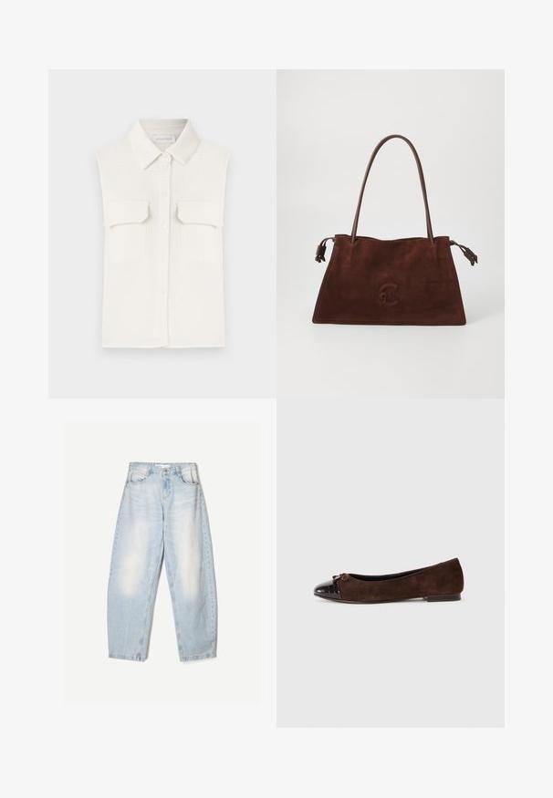 Hvid, ærmeløs skjorte med tekstureret stof, knaplukning foran, krave og to brystlommer.; Lyseblå denimbukser med en loose fit, der har en falmet finish, to forlommer og en knaplukning i taljen.; Brune ruskindsballettsko med en blankt mørkebrun patenteret lædertås og en lille sløjfeaccent foran. Flad hæl.; Brun suede torebagtaske med dobbel læderhåndtag, blød tekstur, flad form og et diskret præget logo på forsiden.