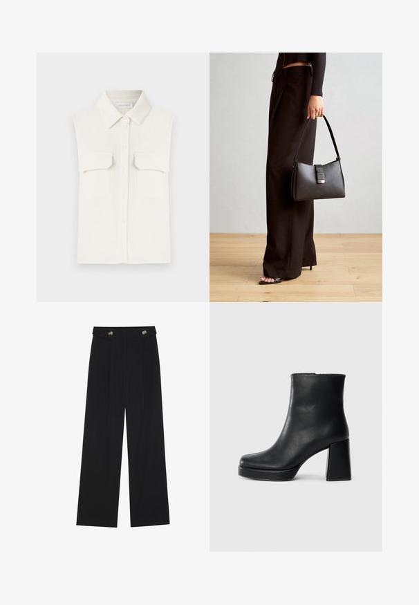 Biała, bezrękawnikowa koszula z teksturowanej tkaniny, zapinana na guziki z kołnierzykiem i dwiema kieszeniami na piersi.; Czarne szerokie spodnie z wysokim stanem, z detalami w postaci guzików na pasku oraz plisami z przodu.; Czarne skórzane botki za kostkę z blokowym obcasem i platformą, widok z boku na białym tle.; Czarna torebka o usztywnionym kształcie, gładkiej fakturze i metalowym zapięciem. Połączona z szerokimi czarnymi spodniami i sandałami na otwartym palcu na drewnianej podłodze.
