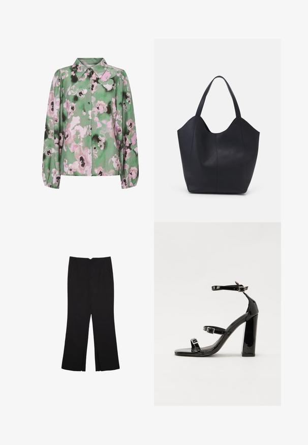 Grünes Hemd mit Blumenmuster in Pink und Schwarz, mit langen Ärmeln und klassischem Kragen. Weicher Stoff mit glatter Textur.; Schwarze Hose mit geradem Schnitt, ausgestattet mit Fronttaschen und Seitenschlitzen am Saum. Hergestellt aus weichem, glattem Stoff. Geeignet für verschiedene Anlässe.; Schwarze patentierte Sandalen mit Absatz, quadratischer Spitze, Knöchelriemen und silbernen Schnallen. Mit einem stabilen Blockabsatz für mehr Stabilität.; Schwarze Tote-Bag aus glattem Leder, mit einem abgerundeten, offenen Oberteil, zwei Schulterträgern und einem minimalistischen Design.