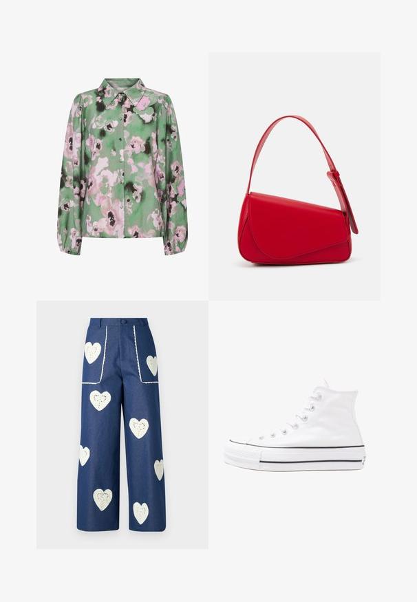 Zöld, gombos ing rózsaszín és fekete virágmintával, hosszú ujjal és klasszikus gallérral. Puha anyag, sima tapintású.; Sister Jane HEART TO HEART - Egyenes szárú farmer - blue denim; Fehér magaskorsó vászon sportcipő fekete gumi talppal, elülső gumi orrnyereggel és hat fűzőlyukkal, letisztult, minimalista dizájnnal.; Piros bőr kézitáska szögletes, geometrikus kialakítással. Egy állítható pánttal és varrott részletekkel ellátott fedélzárral rendelkezik.