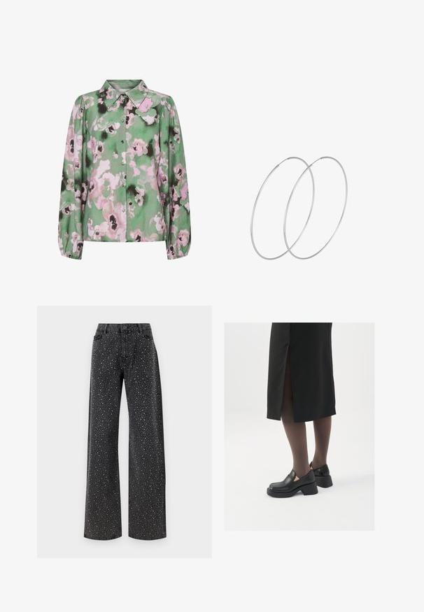 Zelená košile na knoflíky s květinovým potiskem v růžové a černé barvě, s dlouhými rukávy a klasickým límcem. Měkká tkanina s hladkým povrchem.; Noisy May NMJANNEL LOOSE - Džíny Relaxed Fit - black denim; Černé kožené boty s kulatou špičkou, silným blokovým podpatkem a elastickými bočními akcenty, spárované s tmavými punčochami a černou sukní se rozparkem.; Stříbrné kruhové náušnice s minimalistickým designem. Kruh, hladký povrch a tenký profil. Lehká konstrukce s lesklým povrchem.