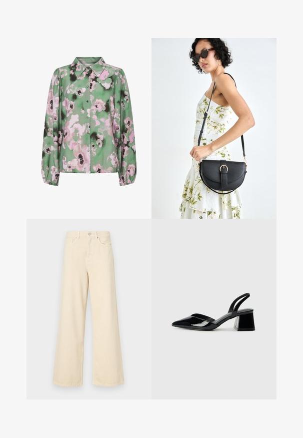 Camisa verde com botões, apresentando um padrão floral em rosa e preto, com mangas longas e colarinho clássico. Tecido suave com uma textura lisa.; Jeans de perna larga bege feitos de algodão. Apresentam um fecho de botão, passadores para cinto e bolsos frontais com uma textura lisa e suave.; Sandy em verniz preto com salto slingback, ponta afilada e salto geométrico. Apresenta um design elegante e minimalista com textura suave.; Bolsa de couro preta com forma curva, alça destacável e detalhes em dourado. A bolsa possui uma aba com detalhe de fivela.