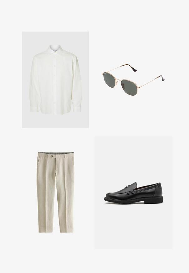 Balta ilga rankovė marškiniai, pagaminti iš tekstūruotos medžiagos, su mygtukų apykakle ir priekiu su šviesiais mygtukais. Sutrumpintas siluetas.; Next SIGNATURE - REGULAR FIT - Kelnės - neutral; Juodi sintetiniai loafers tipo batai su išryškintu siuvinėjimu priekyje, paminkštinta pado dalimi ir plokščiu guma padu; elegantiškas dizainas su minimaliu dekoravimu.; Auksiniai metaliniai akiniai nuo saulės su tamsiai žaliomis lęšiais, aviator tipo, su siaurais rėmeliais ir kilpiniu akmeniu ant galiukų.