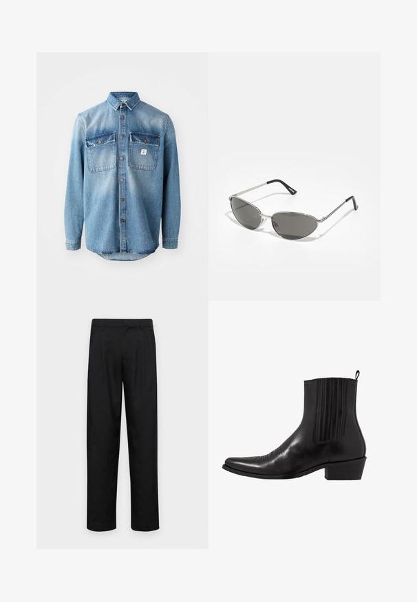 Világoskék farmering hosszú ujjal, két mellzsebbel, gombos elülső résszel és kontrasztos sötétebb zsebtetejével. A hem kerekített.; Fekete nadrág sima anyagból, egyenes szárú fazonnal, két elülső redővel és közönséges derékkal, övhurkokkal.; Fekete bőr ankle boot, hegyes orral, rugalmas oldalpanellel, függőleges varrásokkal és alacsony blokk sarokkal.; Sötétített lencsékkel rendelkező napszemüveg, elegáns, ezüst színű fém vázzal, aerodinamikus kialakítással, hegyes szélekkel és vékony szárakkal.