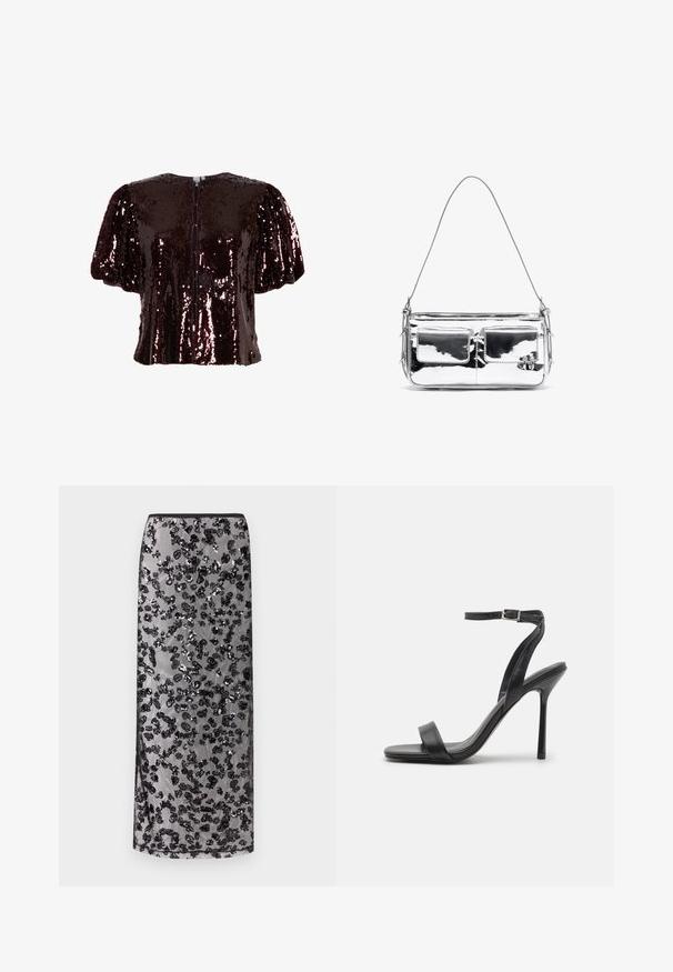 Korte bordeauxkleurige top met pailletten, met pofmouwen, ronde halslijn en knoopsluiting op de rug. Gladde textuur met reflecterende pailletten.; Lange zwarte rok met doorschijnende overlay versierd met verspreide zwarte geborduurde bloemenpatronen, tegen een neutrale achtergrond.; Zwarte hoge hakken sandaal met een slanke enkelband en twee voorste banden. Gemaakt van soepel leer met een slanke puntneus en een stiletteloze hak.; Zilverkleurige metalen schoudertas met twee voorvakken, een gladde textuur, stikdetails en een enkele afneembare schouderband. Compact rechthoekige vorm.