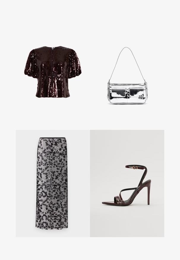 Krótka top o bordowym kolorze, pokryta cekinami, z bufkami, okrągłym dekoltem i zapięciem na guziki z tyłu. Gładka tekstura z odbijającymi światło cekinami.; Długa czarna spódnica z przezroczystą nakładką ozdobioną rozsianymi czarnymi, cekinowymi wzorami kwiatowymi, na neutralnym tle.; Bordowe lakierowane sandały na obcasie z paskiem wokół kostki, spiczastym noskiem i trzema poziomymi paskami na stopie. Złocona klamra.; Srebrna metaliczna torebka na ramię z dwoma kieszeniami z przodu, gładką fakturą, detalami w postaci szwów i jednym odczepianym paskiem. Kompaktowy prostokątny kształt.