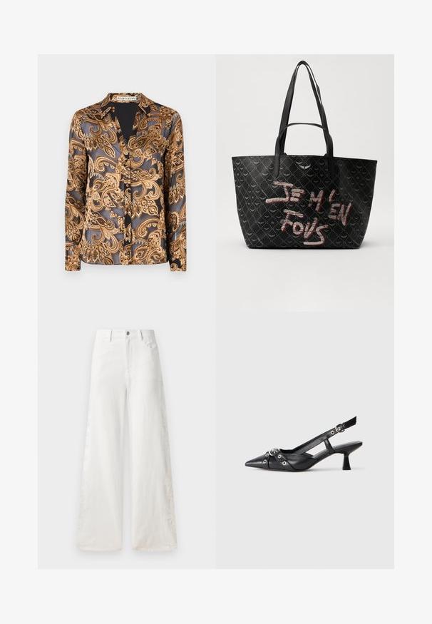 Alice + Olivia ELOISE - Hemdbluse - spring/black; Weiße, weit geschnittene Jeans aus Denim mit seitlichen Stickmustern und traditionellem Fünf-Taschen-Design. Reißverschluss mit Knopf.; Schwarzer Leder-Slingback-Schuh mit spitz zulaufender Zehenpartie, dekorativen Riemen mit METALLÖSEN und niedrigem Blockabsatz. Strukturelle Oberfläche.; Schwarze Tote-Bag aus strukturiertem Material mit Rautenmuster, Schulterriemen und auffälligem roten und weißen Text "JE M'EN FOUS."