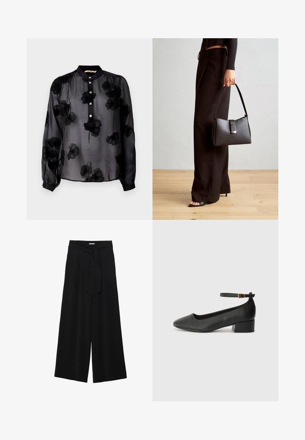 Μαύρη διαφανής μπλούζα με λουλουδάτα σχέδια, διαθέτει κουμπωτή μπροστινή πλευρά, όρθιο γιακά και μακριά μανίκια με ελαστικούς καρπούς.; Μαύρο παντελόνι με φαρδιά πόδια, φτιαγμένο από υφασμάτινη ύλη με υφή, με ελαστική μέση και αποσπώμενη ζώνη στη μέση για ρυθμιζόμενη εφαρμογή.; Μαύρο δερμάτινο τακούνι με μυτερή μύτη και χαμηλό τετράγωνο τακούνι. Διαθέτει λουράκι στον αστράγαλο με χρυσό τόνο πόρπη. Λείο υφή.; Μαύρη τσάντα χειρός με δομημένο σχήμα, λεία υφή και μεταλλικό κούμπωμα. Συνδυασμένη με φαρδιά μαύρα παντελόνια και σανδάλια ανοιχτής μύτης πάνω σε ξύλινο πάτωμα.