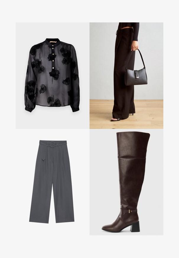 Czarna przezroczysta bluzka z kwiatowymi detalami, z zapięciem na guziki z przodu, stójką i długimi rękawami z elastycznymi mankietami.; Szerokie spodnie w ciemnoszarym kolorze z materiału, z paskiem w talii, posiadające fałdy z przodu i gładką teksturę. Bez dodatkowych wzorów ani akcentów.; Ciemnobrązowy skórzany boot z kolanami, z blokowym obcasem i dekoracyjnym paskiem z boku, przedstawiony na jednolitym jasnym tle.; Czarna torebka o usztywnionym kształcie, gładkiej fakturze i metalowym zapięciem. Połączona z szerokimi czarnymi spodniami i sandałami na otwartym palcu na drewnianej podłodze.
