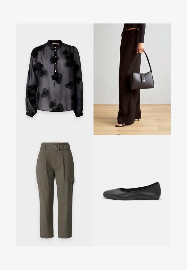 Blusa nera trasparente con dettagli floreali, dotata di una chiusura a bottoni sul davanti, colletto stand e maniche lunghe con polsini elastici.; Pantaloni cargo verde oliva, realizzati in tessuto leggero. Le caratteristiche includono una vita con cintura, pieghe frontali e tasche laterali con chiusure a patta.; Pantofole da balletto nere in pelle con punta arrotondata, texture liscia, dettagli di cucitura minimi e design con suola flessibile.; Borsa nera con forma strutturata, texture liscia e una chiusura metallica. Abbinata a pantaloni neri larghi e sandali open-toe su un pavimento in legno.