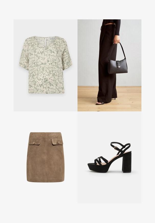 Rövid ujjú blúz világoszöld anyagból, fehér virágmintákkal és fekete kiegészítőkkel. V kivágású nyakkivágás hátul apró kulcslyuk részlettel.; Barna szarvasbőr mini szoknya sima textúrával, két elülső hajtókával és gombos záródásokkal mindkét oldalon. Egyszerű, egyenes szabás.; Fekete velúr platform szandál, tömbsarokkal, keresztbe tett pántokkal és csatos bokapánttal a biztonságos illeszkedés érdekében.; Fekete kézi táska strukturált formával, sima textúrával és fémből készült záródással. Széles fekete nadrággal és nyitott orrú szandállal párosítva, fából készült padlón.