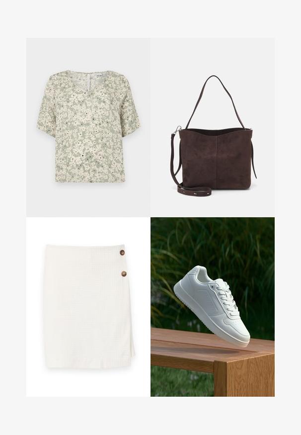 Blusa de mangas curtas em tecido verde claro com padrões florais brancos e detalhes pretos. Decote em V com um pequeno detalhe em forma de buraco nas costas.; Saia branca com um tecido texturizado, apresentando um design envolvente e dois botões redondos de fecho de cada lado.; Sapatilha branca com um cabedal sintético liso, caixa dos dedos perfurada, atacadores planos e uma sola texturizada, exposta sobre uma superfície de madeira.; Saco tote em camurça castanha com uma textura suave, apresentando uma única alça de ombro e uma abertura superior levemente curvada. Sem detalhes de hardware visíveis.