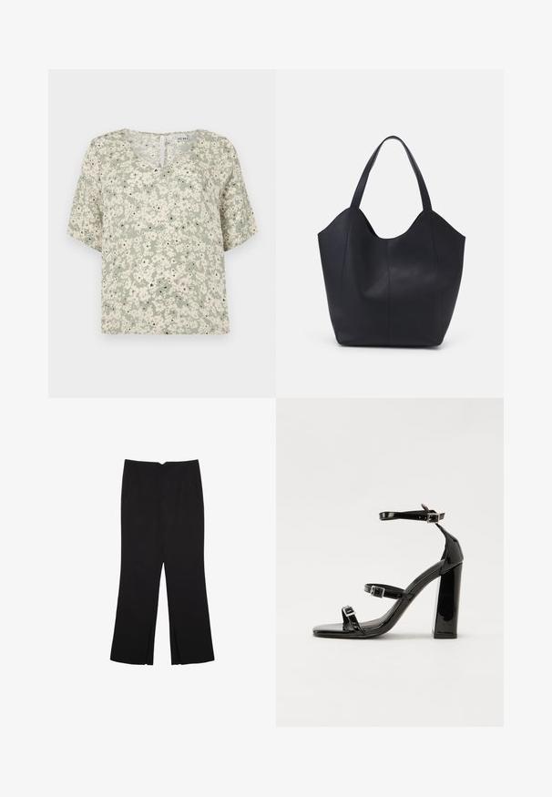 Krátký rukáv blůza z světle zelené látky s bílými květinovými vzory a černými akcenty. Výstřih do V s malým otvorem vzadu.; Černé kalhoty s rovným střihem, s předními kapsami a bočními rozparky na lemu. Vyrobené z jemné, hladké tkaniny. Vhodné na různé příležitosti.; Černé lakované sandály na podpatku se čtveratou špičkou, lýtkovými pásky a stříbrnými přezkami. Disponují masivním blokovým podpatkem pro stabilitu.; Černá taška přes rameno vyrobená z hladké kůže, s zakřiveným, otevřeným vrchem a dvěma ramenními popruhy, s minimalistickým designem.