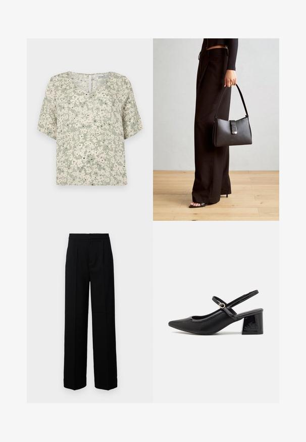 Kortärmad blus i ljusgrön tyg med vita blommönster och svarta detaljer. V-ringning med en liten nyckelhålsdetalj bak.; Svarta vida byxor med en slät yta, med en rak front, veck och en skräddarsydd midja. Ingen synlig hårdvara eller mönster.; Svarta lackläder slingback-klackar med spetsig tå, en rundad utskärning och en blockklack. Utsmyckad med en spänne i guldton.; Svart handväska med strukturerad form, slät yta och metallspänne. Matchad med vida svarta byxor och sandaler med öppen tå på trägolv.