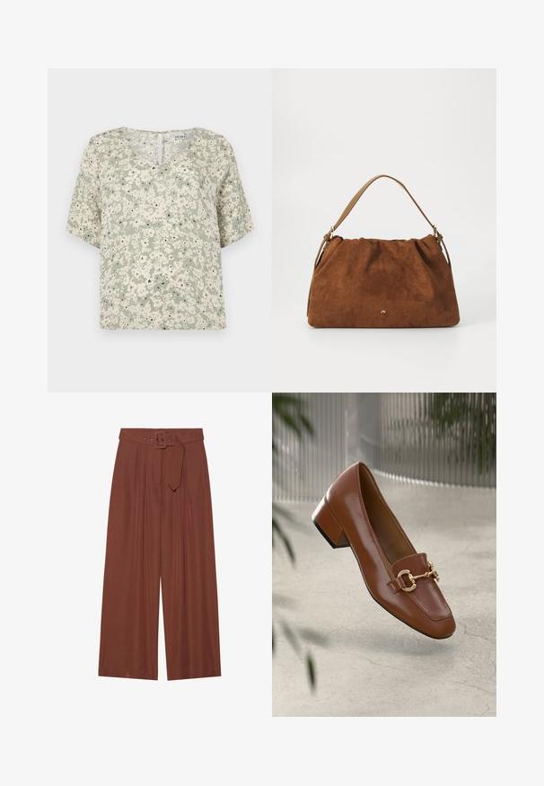Kortermet bluse i lysegrønn stoff med hvite blomster mønster og svarte detaljer. V-hals med en liten nykelhulldetalj bak.; Bredde bukser i brunt stoff, med belte med firkantet spenne, plisserte design og myk tekstur.; Brun lakkert skinn loafer med firkantet tå, metallkjedeakkent, og lav blokkheel; glatt tekstur, minimalistisk design.; Brun semsket håndveske med en samlet design, som har en enkelt tan lærrem og en subtil gull logo detalj på forsiden.