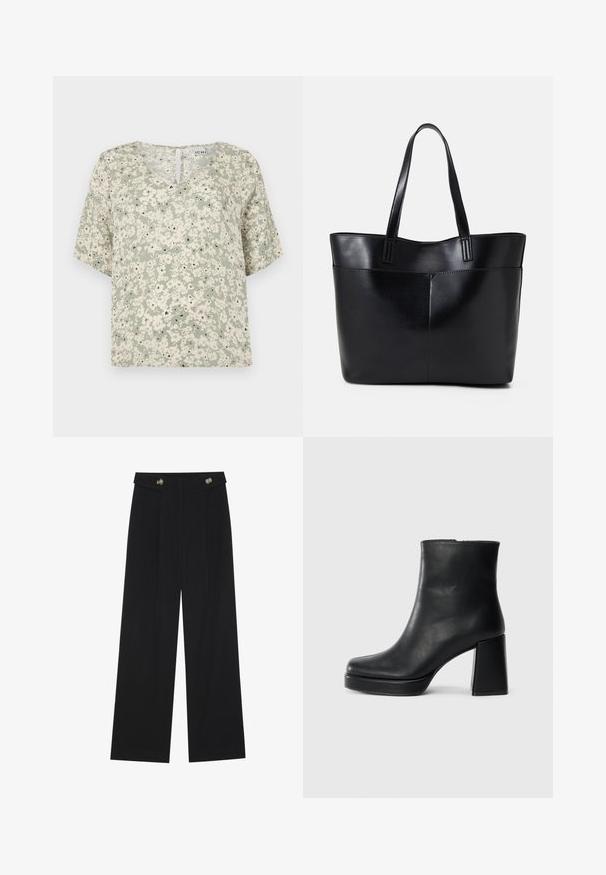 Krátky rukáv blúzka zo svetlozelenej látky s bielymi kvetinovými vzormi a čiernymi akcentmi. Hĺbka výstrihu v tvare V s malým otvorom na zadnej strane.; Čierne široké nohavice s vysokým pásom, so zapínaním na gombíky na páse a prednými sklady.; Čierne kožené členkové topánky s blokovým podpätkom a platformovou podrážkou, zobrazené z boku na bielom pozadí.; Čierna kožená tote taška s dvoma dlhými rúčkami, hladkým povrchom a štruktúrovaným tvarom. Obsahuje prednú kapsu pre dodatočné uskladnenie.