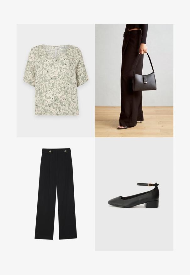 Bluzo s kratkimi rokavi v svetlo zeleni tkanini z belimi cvetličnimi vzorci in črnimi akcenti. Dekolte v obliki črke V z majhnim detajlom v obliki ključavnice na zadnji strani.; Črne široke hlače s visokim pasom, gumbnimi detajli na pasu in sprednjimi gubami.; Črne usnjene pumpice z nazobčanimi prsti in nizko blokasto peto. Imajo trak okoli gležnja z zaponko v zlatem tonu. Gladka tekstura.; Črna torbica z strukturirano obliko, gladko teksturo in kovinskim zaponko. Ujemajo se z širokimi črnimi hlačami in odprtimi sandali na lesenem tleh.