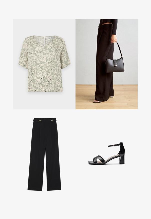 Lühikeste varrukatega pluus helesinisest kangast valgete lillemotiivide ja mustade aktsentidega. V-kaelus väikese auguga detailiga seljaosas.; Mustad laiad püksid kõrge vöökoha ja nööpdetailidega vööandil, esikortsudega.; Must mustaga avatud varvastega kontsasaapad, millel on ristatud rihmad, reguleeritav pahkluu riba ja tükike konts, millel on sile nahk tekstuur.; Must musta kott, millel on struktureeritud kuju, sile tekstuur ja metallist klamber. Kombineeritud laiate mustade pükstega ja avatud varvaste sandaalidega puidust põrandal.