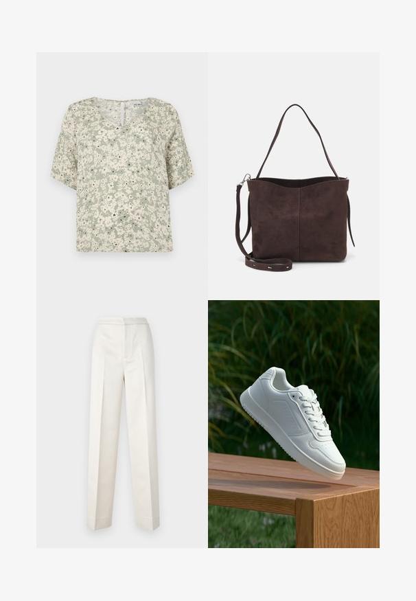 Blusa de mangas curtas em tecido verde claro com padrões florais brancos e detalhes pretos. Decote em V com um pequeno detalhe em forma de buraco nas costas.; Calças creme com um corte ajustado, apresentando perna reta, tecido suave, pregas frontais e barra limpa. Design minimalista.; Sapatilha branca com um cabedal sintético liso, caixa dos dedos perfurada, atacadores planos e uma sola texturizada, exposta sobre uma superfície de madeira.; Saco tote em camurça castanha com uma textura suave, apresentando uma única alça de ombro e uma abertura superior levemente curvada. Sem detalhes de hardware visíveis.