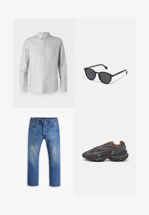 Light gray button-up shirt in a soft fabric, featuring a collar, long sleeves, and a small embroidered logo on the chest.; Blue denim jeans, straight leg design, with visible fading, button and zipper closure, five pockets, and orange stitching accents.; Lacoste sneakers in dark gray with mesh and synthetic material, featuring a textured sole and brown accents on the collar and branding.; BOSS Sunglasses - black