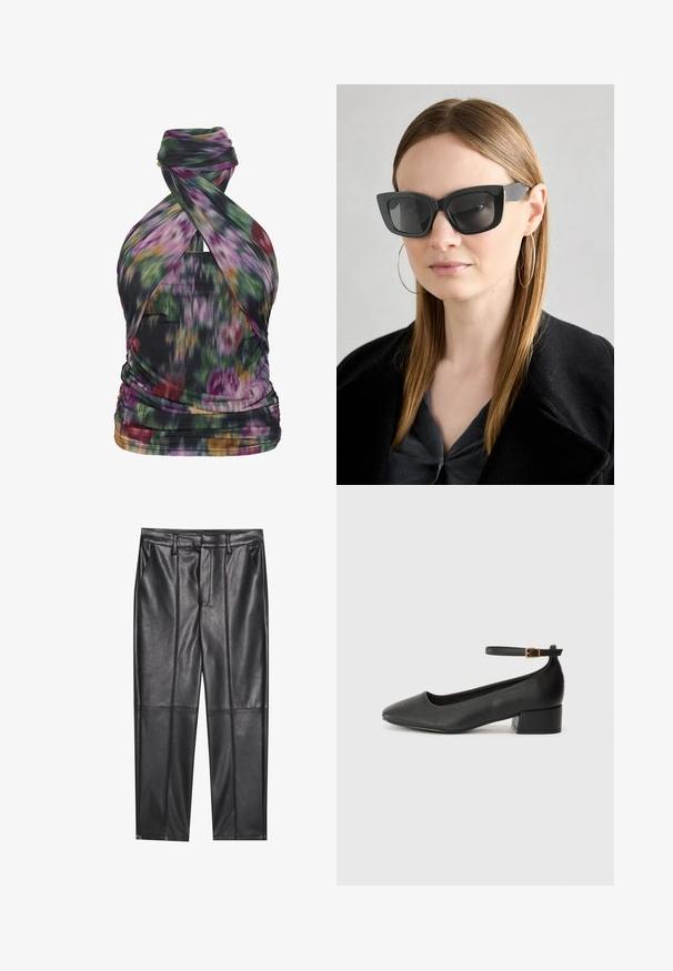 Mitmevärviline halterneck top, millel on abstraktne lillemuster, valmistatud kergest kangast. Omab voolavaid detaile ja sobivat siluetti.; Mustad nahkpüksid sileda tekstuuriga, sirge lõikega, kahe eesmine taskuga ja nähtavate õmblusteta.; Must mustaapp, millel on terav nina ja madal blokk-kand. Omab pahkluu rihma koos kuldse tooni pandlaga. Sile tekstuur.; Must musta prillid tumedate läätsedega, paksude raamidega ja tagasihoidlike aktsentidega. Kantud musta jope ja halli särkiga, pikki sirgeid juukseid kandes.; Valge struktureeritud käekott lühikeste käepidemete ja õlavööga, millel on kuldse riistvara aktsendid ja tekstuuriga materjal, eksponeeritud halli taustal.