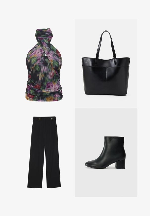 Top de halter colorido com padrão floral abstrato, feito de tecido leve. Apresenta detalhes drapeados e uma silhueta ajustada.; Calças largas pretas com cintura alta, detalhes em botão na cintura e pregas frontais.; Botas de tornozelo em pele preta com bico pontiagudo e um salto robusto. Textura suave com acentos mínimos e um design ajustado e elegante.; Bolsa tote preta em couro com duas alças longas, textura suave e forma estruturada. Apresenta um bolso frontal para armazenamento adicional.