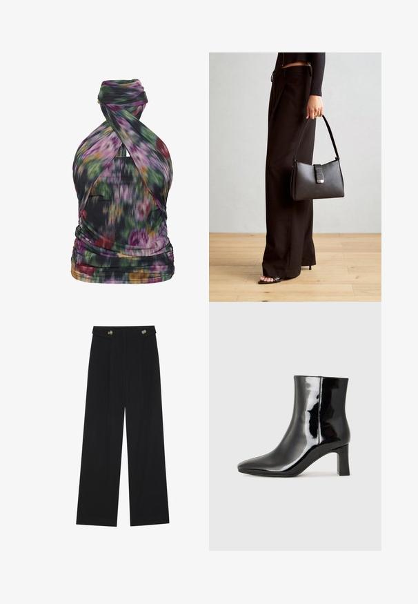 Krešanas haltera tops ar abstraktu ziedu rakstu, izgatavots no viegla auduma. Iezīmes drapējuma detaļas un pieguļošs siluets.; Melnas platās bikses ar augstu jostasvietu, pogu detaļām uz jostas un priekšējām krokām.; Melnas patentētas ādas potīšu zābaki ar norādītu pirkstu un vidēja augstuma kvadrātveida papēdi. Gluda tekstūra un minimālisma dizains.; Melnā somiņa ar strukturētu formu, gludu tekstūru un metālu sprādzi. Saskaņota ar platām melnām biksēm un sandālēm ar atvērtu purngalu uz koka grīdas.