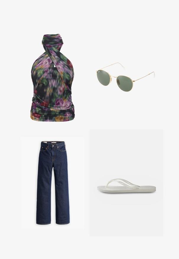 Monivärinen halterneck-toppi, jossa on abstrakti kukkakuosi, valmistettu kevyestä kankaasta. Sisältää laskostusta ja muodikkaita yksityiskohtia.; Tummansiniset suorat farkut, joissa on viisi taskua, oranssit saumat ja napituskaitale.; Valkoinen flip-flop, jossa on kuvioitu pohja, ohut hihnasto ja tasainen muotoilu. Valmistettu kumista ja siinä on hillitty logo jalkapohjassa.; Kultaiset metallikehyiset aurinkolasit, joissa on vihreät linssit, pyöreä muoto, ohuet templet ja valkoiset muoviset korostukset varsien päissä.; Kulta ruusu -ketju, jossa on joutsen-riipus, koristeltu kirkkailla kristalleilla. Ketjussa on herkkä linkkimuotoilu.